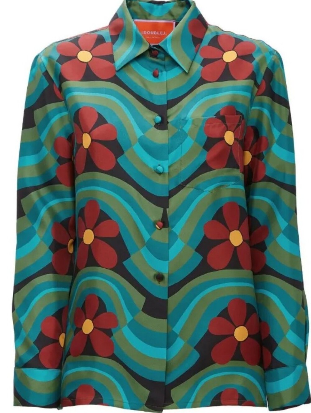 La DoubleJ Boy Shirt Silk Twill Blouse Ashbury Graphic Print Green XS NWOT Italy
